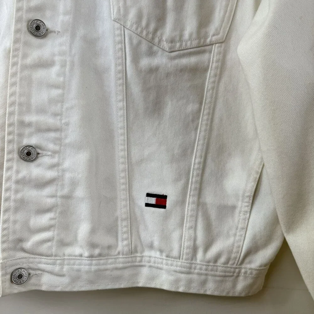 Vintage Tommy Hilfiger White Denim Jean Jacket | Big Logo 90s Oversized, XL